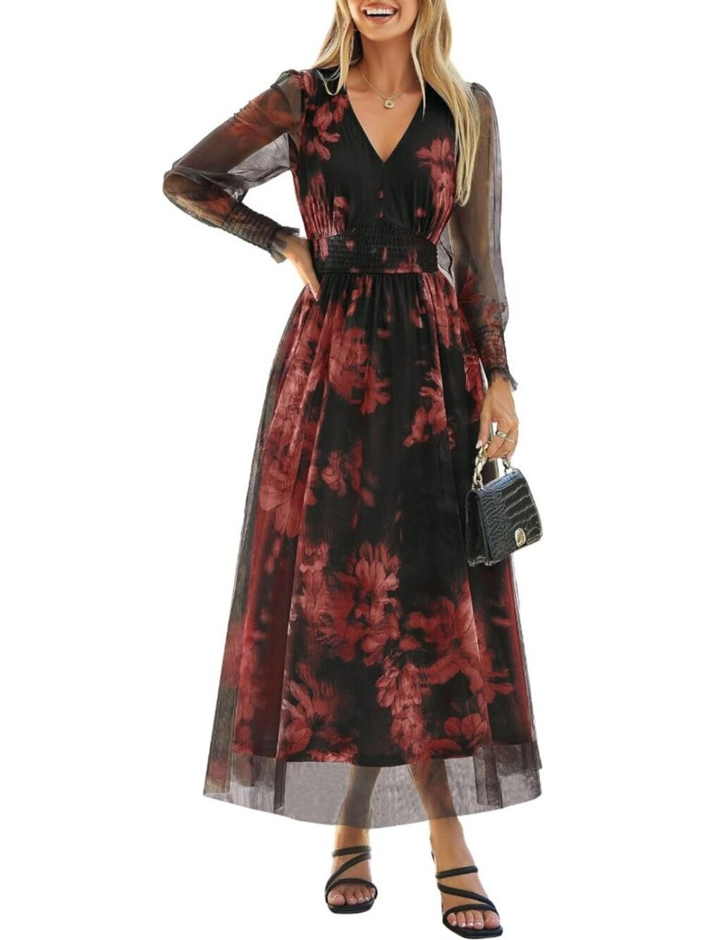 Floral Maxi Dress for Women - Boho Long Sleeve V-Neck Summer Wedding Guest Dress
